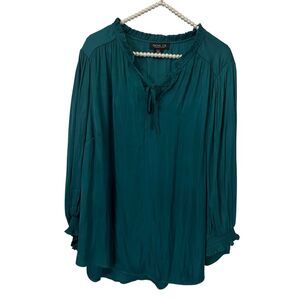 Rachel Zoe Blouse Womens 2X Green Satin Long Sleeve Smocked Boho Peasant Top